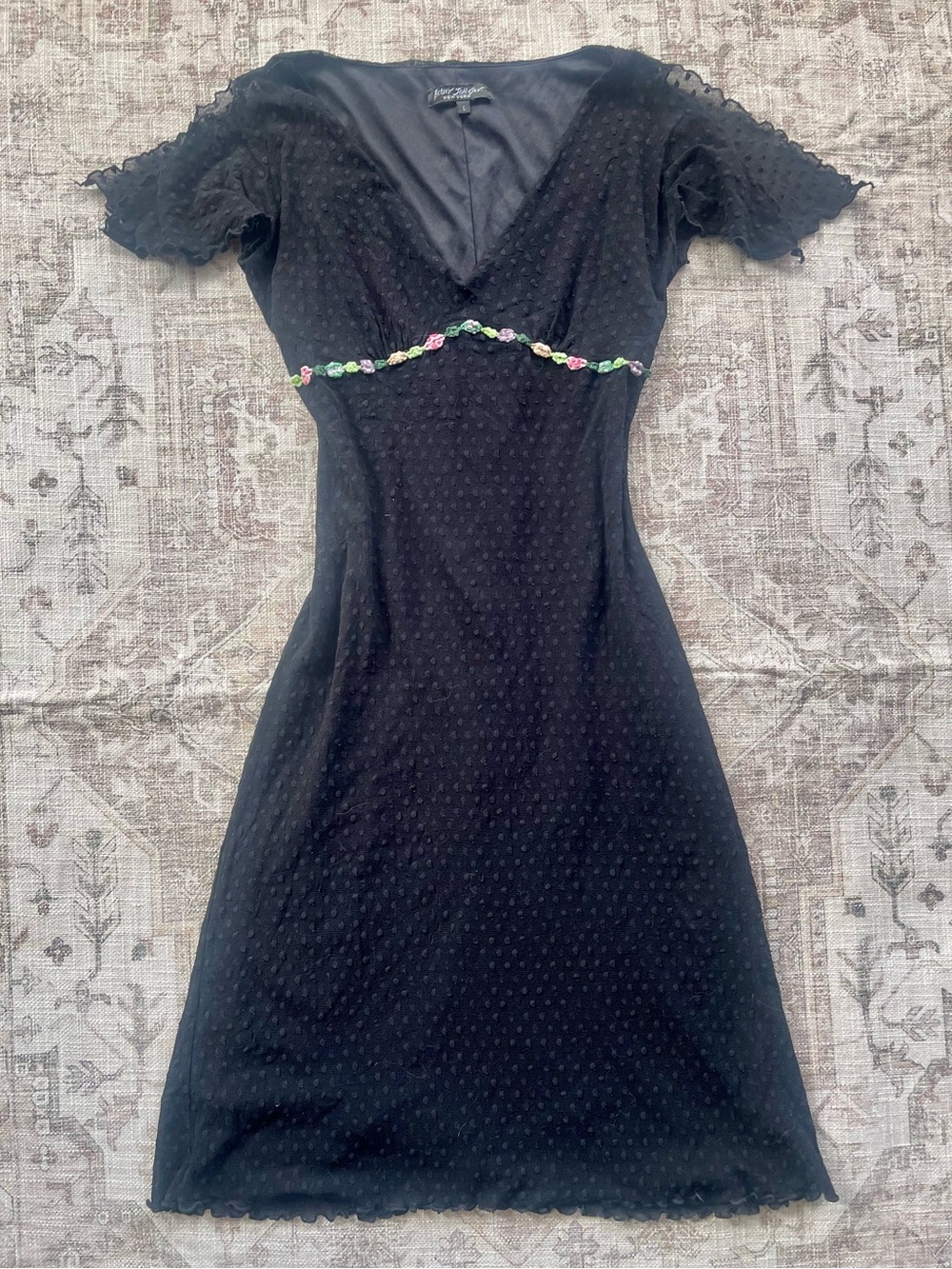 Betsey Johnson Y2K 00’s Sheer Mesh Black Dress with Floral Embroidered Trim